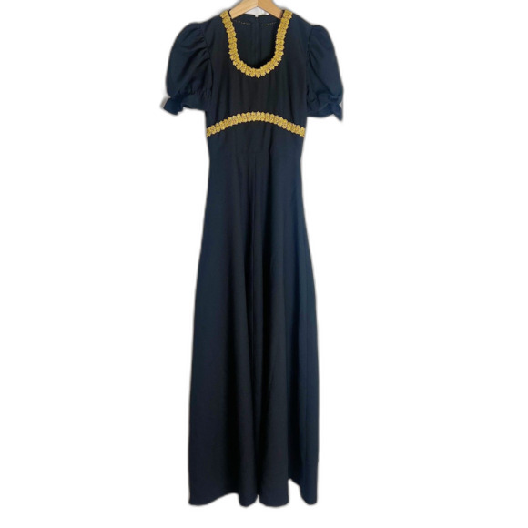 American Vintage Dresses & Skirts - 1960s Vintage Black Puff Sleeve Gown Maxi Dress Gold Trim